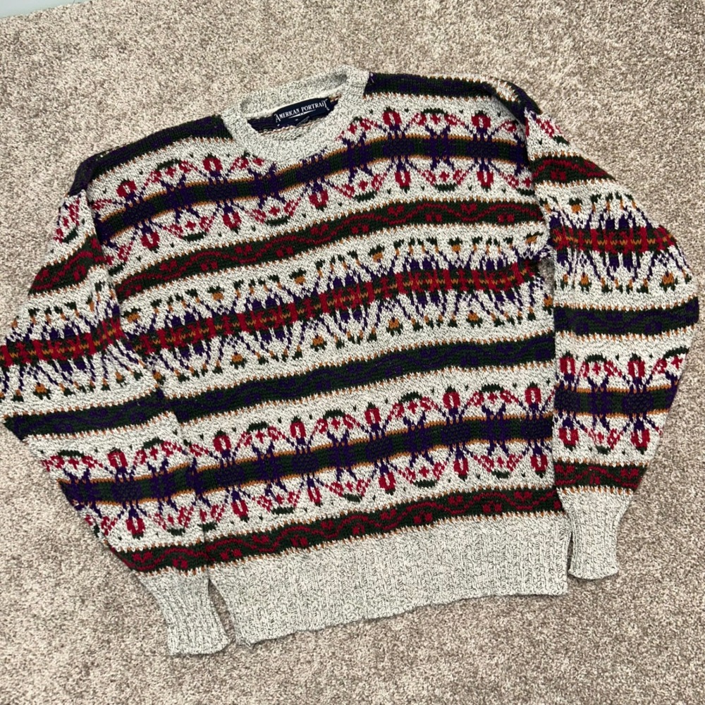 Vintage American‎ Portrait Crewneck Sweater Fair Isle Men XL Made In USA Cotton